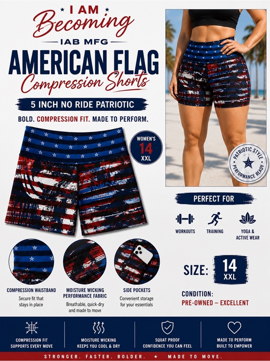I Am Becoming Pants - IAB MFG Women's American Flag Athletic Compression Shorts - Blue/Red
